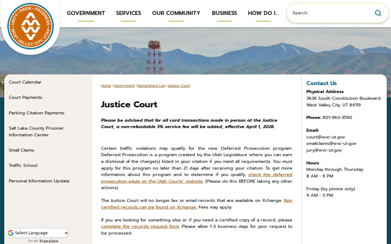 West Valley City Justice Court official page with public services and court information