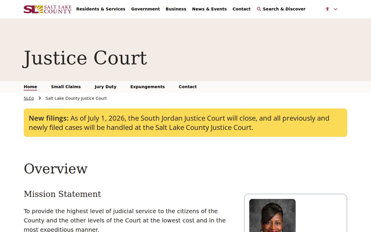 Salt Lake County Justice Court official webpage with court services and case information