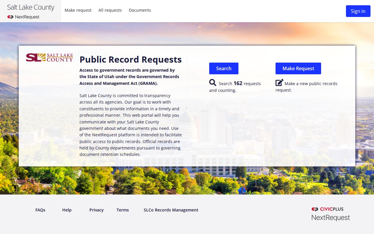 Salt Lake County GRAMA portal home with search and make-request controls